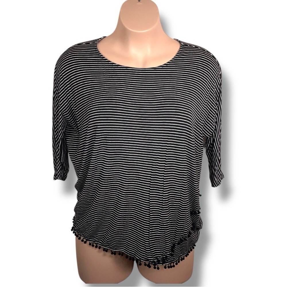 1X Isla Woman Black White Stripe Top 3/4 Sleeve Layered Style Stretch Casual